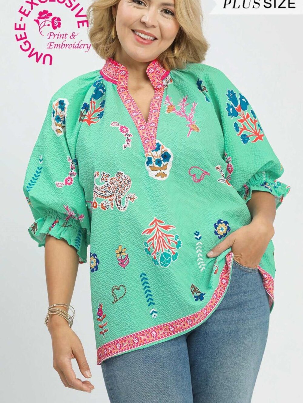 UMGEE Floral Print V-Neck Smocked Collar - Mint Mix